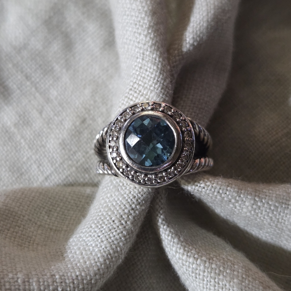 David Yurman Petite Cerise Ring in Blue Topaz & Diamonds, SS, Size 4.5 - Picture 4 of 15